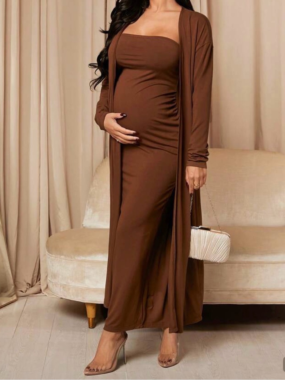Brown Strapless Maxi Dress with Matching Long Cardigan